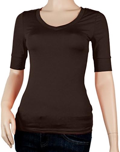 Women's Basic Elbow Sleeve V-Neck Cotton T-Shirt Plain Top (Plus