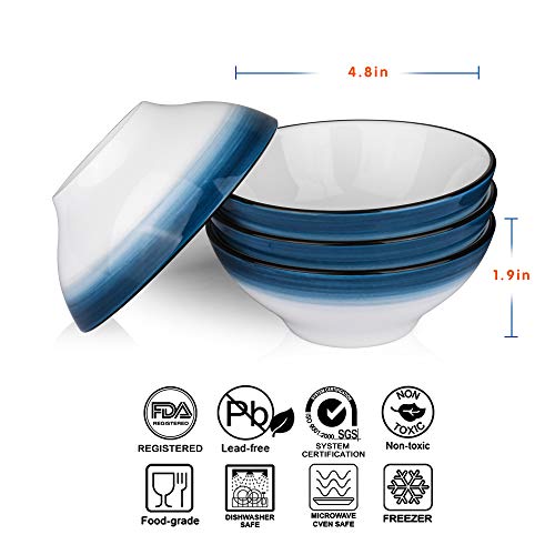 MARSTRACE White Blue Bone China Dessert Bowls Set of 4, 4.8 Inch Ceramic Bowls for Rice, Cereal, Snacks, Appetizer, Ice Cream, Fruit, Microwave Dishwasher Safe