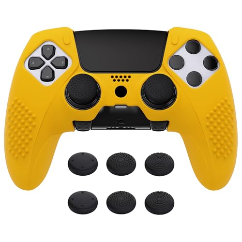 PlayVital 3D Studded Edition Anti-Slip Silicone Cover Case for ps5 Edge Controller, Soft Rubber Protector Skin for ps5 Edge Wireless Controller with 6 Thumb Grip Caps - Caution Yellow