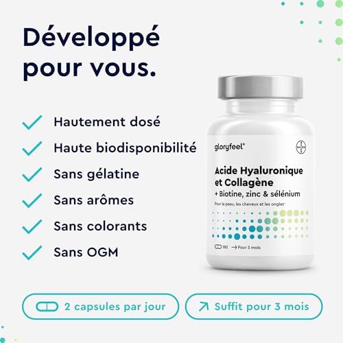 Collagene Type 1 & 3 avec Acide Hyaluronique, 180 Gélules, Enrichi en Vitamines A & C, Biotine, Zinc & Sélénium, 1000mg de Collagène Hydrolysé, Anti-âge et pour les Articulations, Testé en Laboratoire