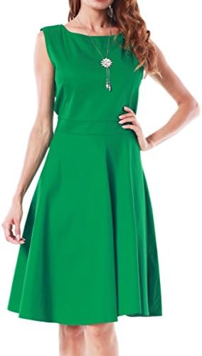 Laxary Women BoatNeck Sleeveless Hepburn Vintage Pary Tea Dress with Belt Green XL