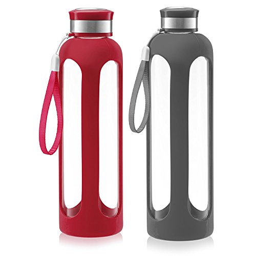 SWIG SAVVY Glass Water Bottle – 20oz/32oz Break-resistant Borosilicate Glass + Silicone Protective Sleeve. BPA-Free Durable & Stylish. (20oz – Red) (Red/Gray, 20oz)