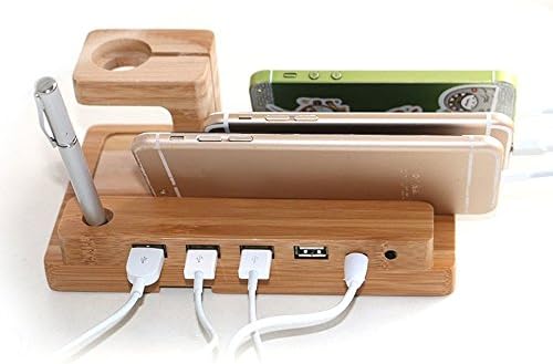 Bamboo Wooden 4 in 1 iPhone iPad iPod Apple Watch USB 4 Port Micro HUB Charging Stand Station Dock Platform Cradle Holder