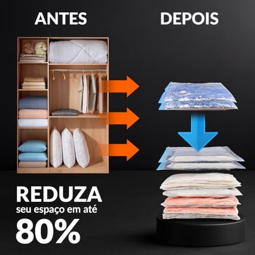Kit 10 Sacos a Vácuo 50x60 Resistente com Bomba Manual Reutilizável Proteção Contra Poeira e Odores Economia de Espaço para Roupas e Viagem