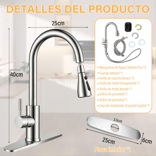 GALASALA Mezcladora para Fregadero, Llaves para Fregadero de Cocina con Manguera Extensible, Grifo de Cocina de Acero Inoxidable 304, Monomando para Freaadero de Alto Arco con 3 Modos de Agua
