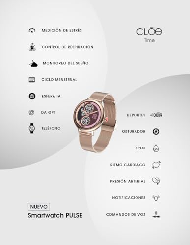 Clōe Pulse Smartwatch para Mujer con Llamadas Bluetooth, Pantalla AMOLED, IA Integrada, Monitoreo de Salud, Más de 100 Deportes, Notificaciones, IP68 y Correa Mesh Premium