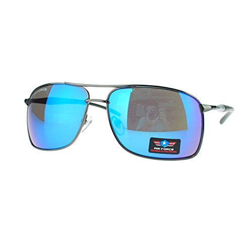 Air Force Mens Sunglasses Rectangular Metal Frame Spring Hinge Gun Metal Blue