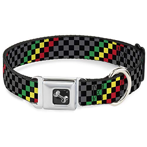 Buckle-Down Checker Stripe Black/Gray/Rasta Dog Collar Bone, Wide Large/18-32"