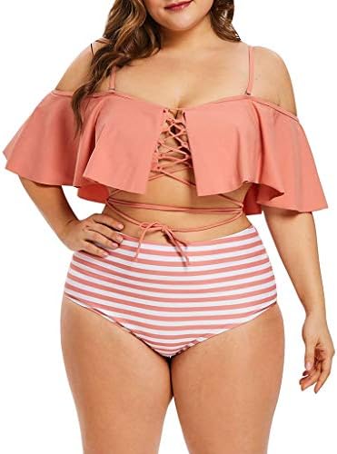 KIMODO® Women's Bikini Plus Size Ruffle Two Piece Bikini Set Strappy High Waisted Swimwear Off Shoulder Striped Swimsuit Set Bathing Suits