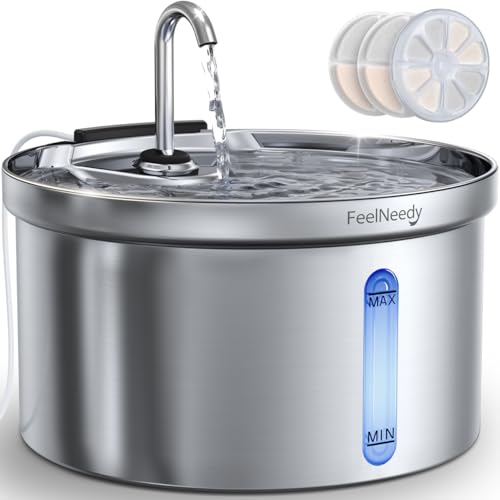 FEELNEEDY Stainless Steel Cat Fountain 3.5 Litre Water Fountain with Tap for Pets Quiet with 3 Filters and USB Plug