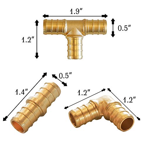 Hourleey Brass PEX Fittings Kit, 1/2" Tubing 14 Piece Set, 6 PEX Tee