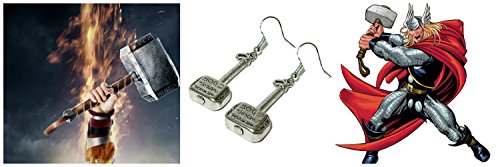 Marvel Comics Silvertone Thor's Hammer (God of Thunder) Dangle Earrings with Gift Box