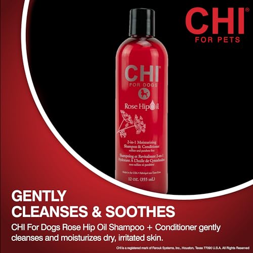 CHI FOR DOGS ROSE HIP OIL 2 IN 1 SHAMPOO AND CONDITIONER FOR DOGS, 12 OZ – BEST DOG SHAMPOO FOR DOGS WITH DRY SKIN – SULFATE & PARABEN FREE, PH BALANCED FOR DOGS, MADE IN THE USA