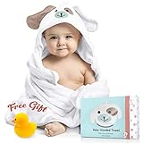 Baby Hooded Towel 100% Organic Bamboo Cotton. Super Absorbent, for Boys and Girls. Super Soft, X-Large, 35 x 35 inches. Perfect Baby Shower Gift with Bonus Washcloth and Greeting Card (White-Puppy)