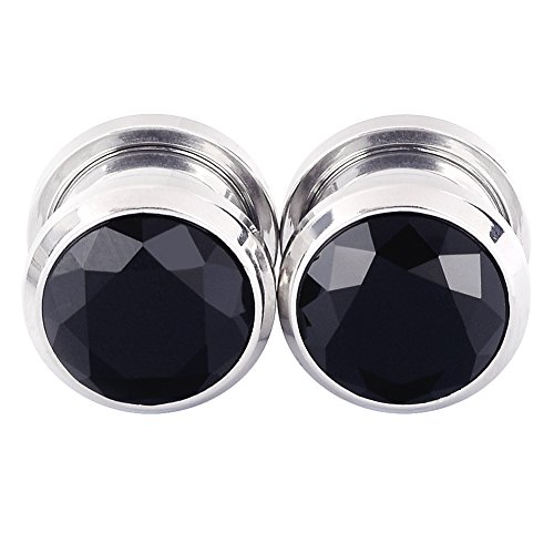 Longbeauty Pair Stainless Steel Black Cubic Zirconia Screw Stretcher Plugs 1/2"