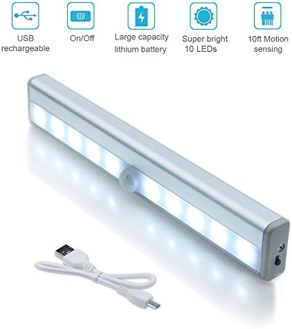 Motion Sensor Cabinet Lights Portable Motion Closet LED Night Light Bar 10 LED USB Charge Wireless with Magnetic Strip for Wardrobe Hallway Drawer Stairs Step Bed DIY Stick-on Anywhere