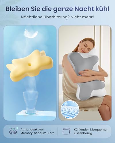 DONAMA Memory Foam Nackenkissen Ergonomisch, Kopfkissen mit Armauflage & Zwei Höhen, Kühlend & Atmungsaktiv, 6-Zonen-Kontur, Nackenstützung für alle Schlafpositionen