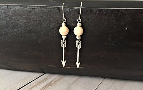 Silver or Bronze and Stone Bead Dangle Arrow Earrings