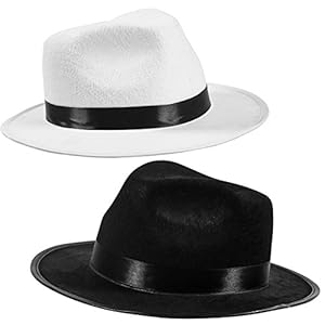 Black Fedora Gangster Hat Costume Accessory - Funny Party Hats (2 Pack - Black & White)