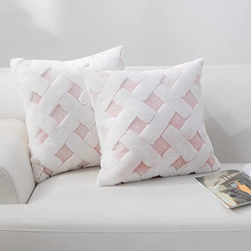 Cozy Bliss Faux Fur Pillow Covers Luxury Super Soft Plush Fleece Throw Pillowcase, Textured Knitted Cushion Cover Decorative Pillowcases for Sofa Couch Bed Chair Car (Pink, 18