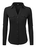 NINEXIS Women's V-Neck Long Sleeve Slim Fit Button Down Blouse Shirt
