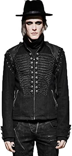 PunkRave Men's Gothic Black Vintage Cropped Jean Jacket Slim Fit Steampunk Denim Jacket