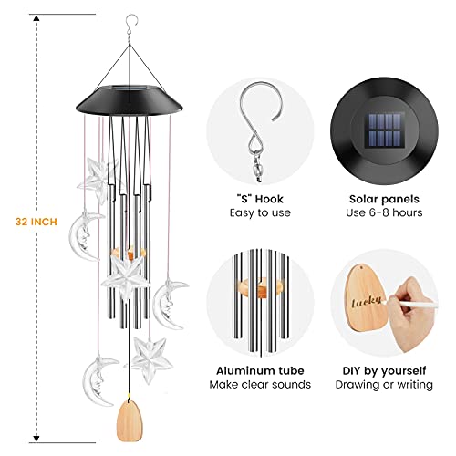 PUISUIT Solar Wind Chimes for Outside, LED Changing Color Memorial Wind Bell for Garden, Patio, Yard, Party Decoration, Waterproof, 25 Inch Low Tone(Moon and Star)