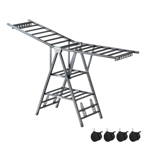 Zucng Folding Clothes Dryer Clothes Drying Rack with 4 Shoe Holder, Foldable 3-Tier Laundry Hanger Free-Standing Dryer Rack 3 Height Adjustable Clothes Drying Rack, Windproof (Grey)