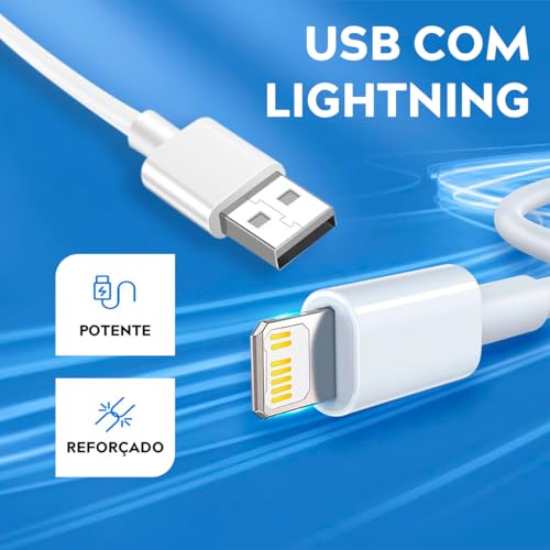 Cabo para Carregador Turbo, Compativel c/iPhone 6 7 8 X Xs 11 Se 12 Xr 13 14 Pro Max, Branco, Entrada USB, Reforçado, 1 Metro, Carregamento Rápido e Transferência de Dados