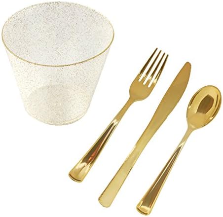 24 Gold Plastic Cups and Gold Metallic Silverware Set ~ 5 Oz Gold Glitter Plastic Cups Old Fashioned Tumblers ~ Gold Rimmed Cups Fancy Disposable Wedding Cups With Disposable Gold Silverware Combo Set