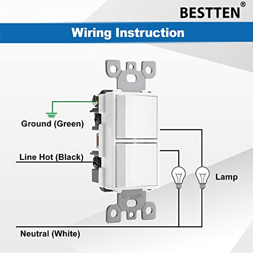 [5 Pack] BESTTEN Double Light Switch, Single Pole, Combination