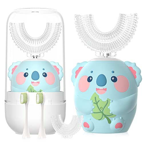 ELOTAME Kids U Shaped Electric Toothbrush with 4 Brush Head,Cartoon Koala Auto Sonic Toothbrush for Children Age 8-15,360° Full Mouth Cleaning Animal Toddler Automatic Toothbrushes with Travel Cup