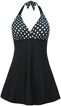 Gold Xen Women's Polka Dot Halter Slim Tankini Padded Swimsuit Black X-Large