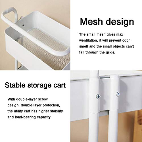 3-Tier Rolling Utility Cart, Multi-Purpose Storage Cart, Trolley Cart with Handles and Roller Wheels Craft Cart, Easy Assembly, for Office, Home, Kitchen, Bedroom, Bathroom (White with Handle) - Thumbnail 2