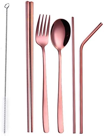 Cleverlife Stainless Steel Flatware Set with Fork Spoon Straws Chopsticks Set of 5 Reusable Cutlery Set Travel Utensils Set
