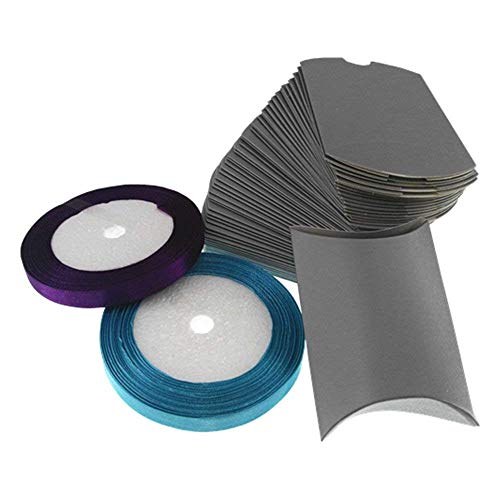 AITIME 50 Pieces Kraft Paper Gift Boxes with 2 Rolls Colored Webbing, 9x7cm Vintage Style Pillow Shape Gift Boxes Candy Boxes Gift Wrapping Bags for Wedding Party (Silver)