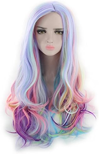 ATAYOU Long Curly Rainbow Hair Wigs Multi-Colored Long Wave Cosplay Wig For Women Halloween Karneval Wig + Wig Cap (Colorfull) - Image 4
