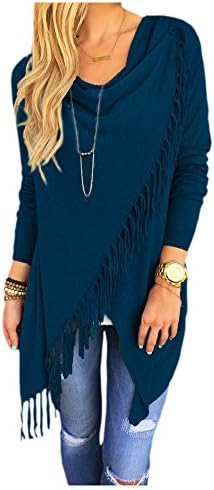 CutyKids Ladies Solid Long Sleeves Fringe Trim Crossover Sweater Poncho Blue 2XL