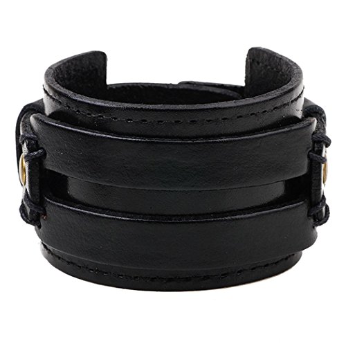 MORE FUN Fashion Good Matching Genuine Leather Wide Cuff Bracelet with Snap Button (Black)