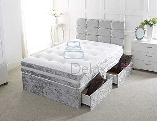 Silver Crushed Velvet 2 Drawer Divan Bed With Memory Foam Sprung Mattress And Matching Headboard – Available in 3ft, 4ft, 4ft6, 5ft, 6ft (4ft small double)