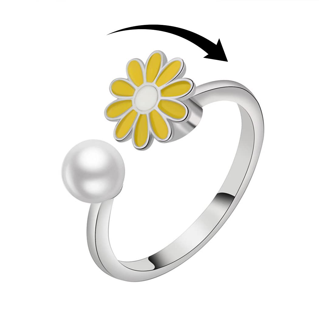 LUTAKU To My Daughter - Fidget Ring Silver Moonstone Sun Anxiety Ring for Women,Stress Reliever Spinner Rings, Adjustable Open Ring,Fidget Jewelry for Women Girls (Daisy)