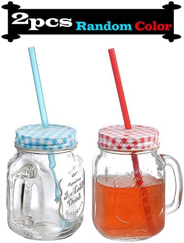 Brezzycloud Glass Mason Jar With Handle And Straw - 450 ml, 2 Pieces, Multicolored