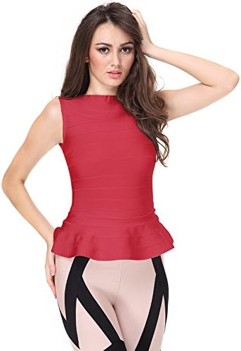 Crediy Peplum Sleeveless Bodycon Rayon Bandage Tank Top Pure Color Party Ruffles Celebrity (S, Red)
