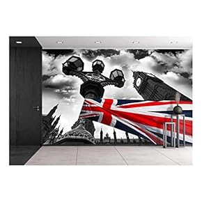 Big Ben with Flag of England, London, UK - Removable Wall Mural | Self-Adhesive Large Wallpaper - 66x96 inches