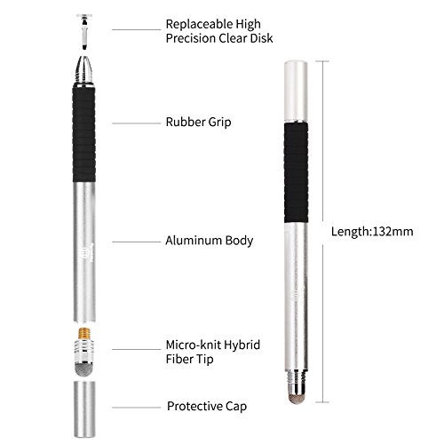 Healcity Premium Capacitive Stylus Pen,Disc & Fiber Tip 2 in 1 Series,Fine Point Stylus Tip,High Sensitivity & Precision,Universal on iPhone/ iPad/ Tablet/laptop and other Touch Screens (Silver)