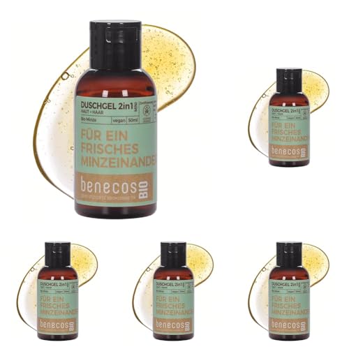 BenecosBIO Mini Duschgel 2in1 Für ein frisches Minzeinander - Bio-Minze - zertifizierte Naturkosmetik - vegan - sanfte Reinigung für Haut & Haare - 50ml (Packung mit 5)