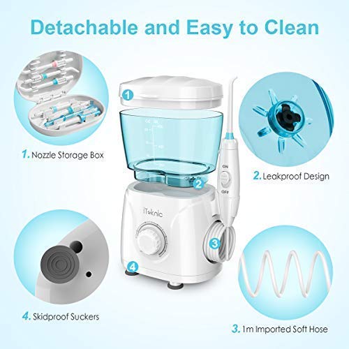 iTeknic Water Dental Flosser Electric Oral Irrigator for Teeth Clean with 1m Imported Soft Hose, 600ml Capacity, 7 Multifunctional Jet Tips , 10 Stepless Water Pressure Flosser for Family, FDA Approved