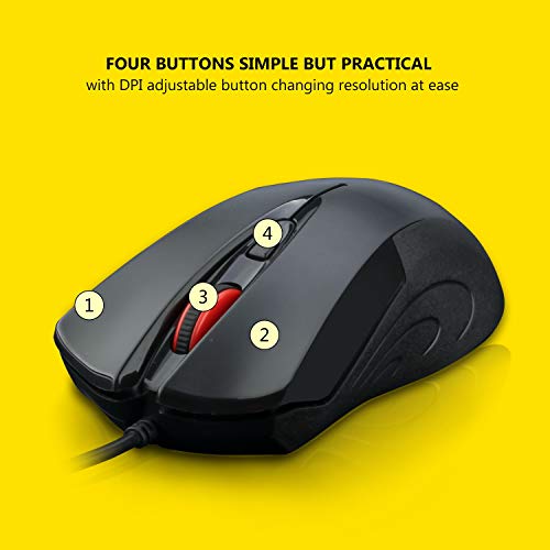 E-YOOSO 4-Button USB Wired Mouse, DPI Adjustable Button, Optical Sensor Mice 1000/1600/2000DPI, Ergonomic Shape, 5ft Cord, Office Business Mouse for Laptop Chrome-Book PC Desktop Mac Notebook, Black