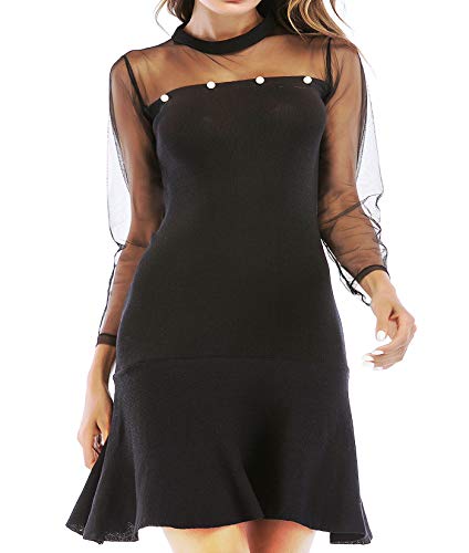 Women Mesh Long Sleeve Dress Tunic Fitted Casual Black Cocktail Swing Mini Jersey Junior Knit Dresses Sexy Night Party (Black, L)