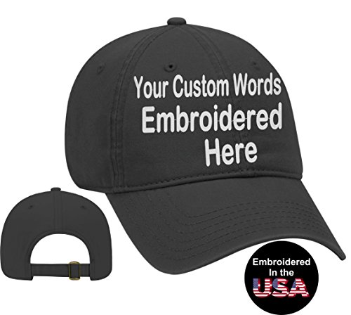 Custom Text Embroidered Dad Hat. Unstructured Adjustable Metal Buckle (Charcoal Gray Dad Hat)